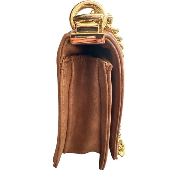 BCBG Quilted Brown Faux Suede Crossbody Bag With Gold Tone Chain Strap - Picture 3 of 6